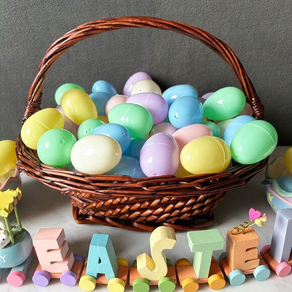 Easter Table Decor Wicker Basket - Plastic Eggs - Bunny Dishes - Wooden Letters - Picture 3 of 15